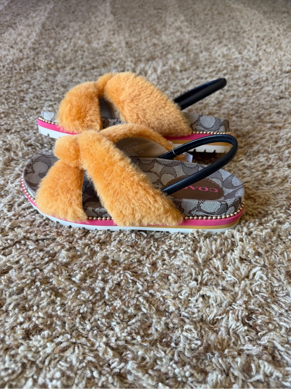 Coach Orange Faux-Fur Slide Sandals